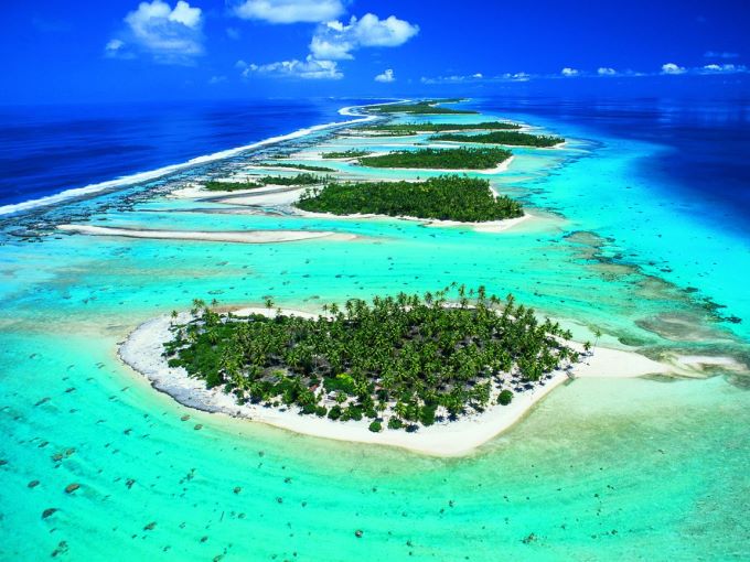 The motus of the Rangiroa atoll in French Polynesia, Pacific Ocean