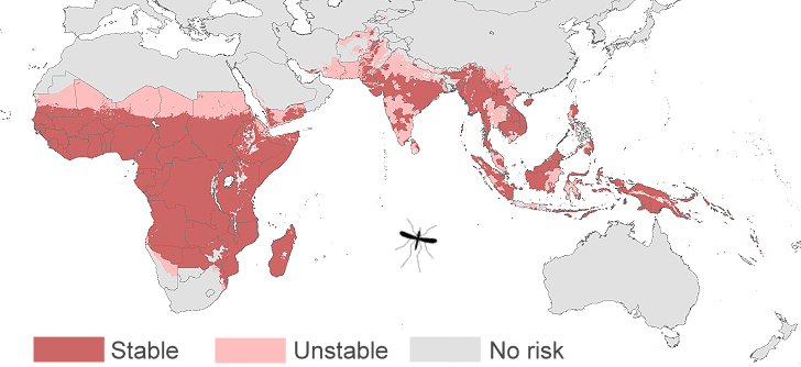 World map of malaria and dengue fever in Asia, Africa